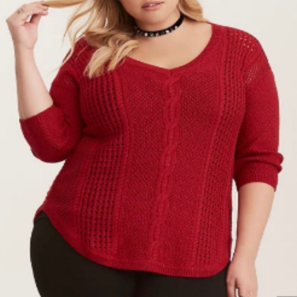 Torrid Wool-blend Red Cableknit 3/4 Sleeve Sweater Soft Stretchy Size 1X